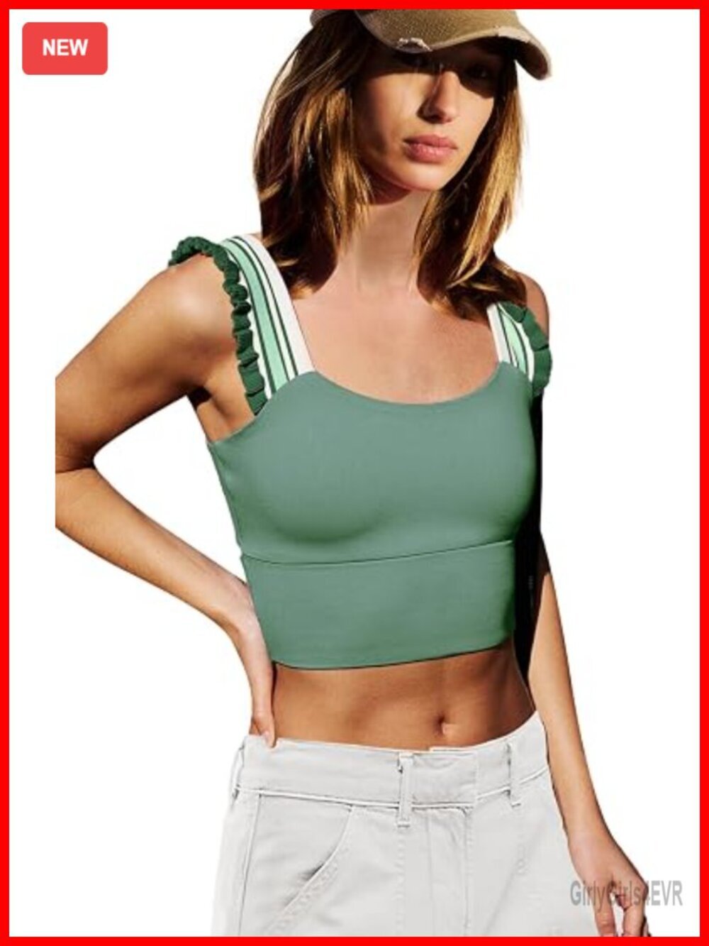 Cropped Athletic Tank Top with Built-in Bra Ruffle Trim